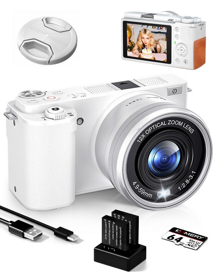 HT Digitalkamera 4K 64MP mit CMOS Sensor & 12X optischem Zoom Kompaktkamera (64 MP, 12x opt. Zoom, WLAN (Wi-Fi), Kamera Fotokamera mit 2,8" display, HDMI-Anschluss, 2 Akkus) von HT