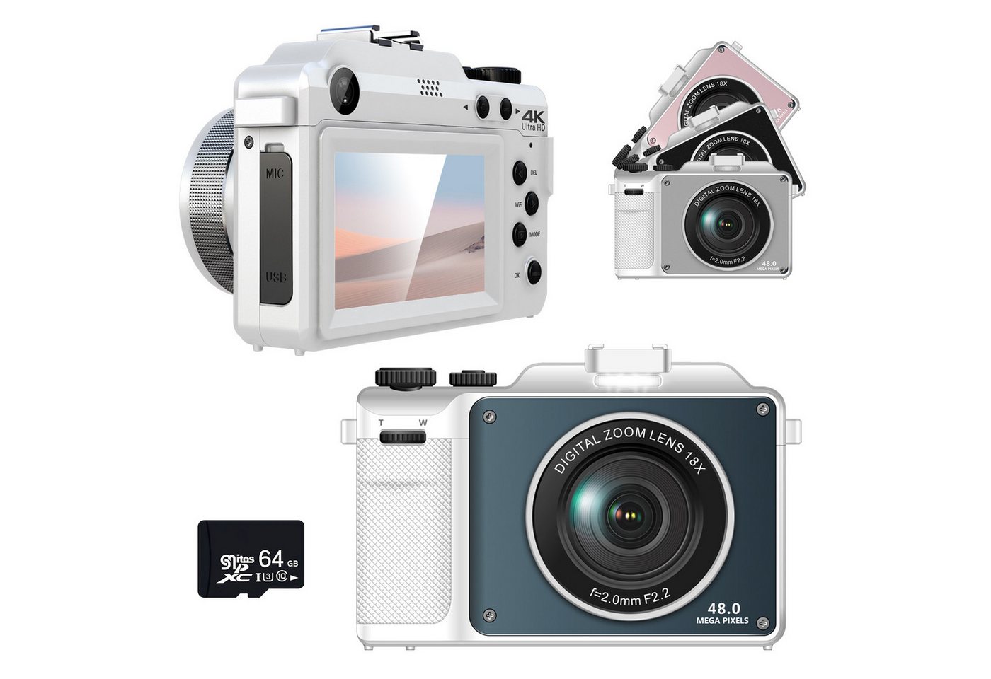 HT Digitalkamera doppelt 48MP, 4K-Video, 18x Zoom, Kompaktkamera (inkl. mit DIY-Panel, Anti-Schüttel 3D-Sound Kompaktkamera) von HT