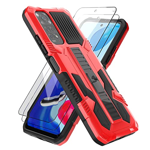 HTDELEC Handyhülle Kompatibel mit Xiaomi Redmi Note 11 / Note 11s 4G Hülle und 2 Stück Displayschutz,Bumper Ständer Rüstung Case Cover - Rot von HTDELEC