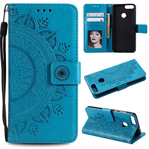 HTDELEC Huawei P Smart Hülle, Ultra Slim Flip Hülle Blau Etui mit Kartensteckplatz und Magnetverschluss Leder Wallet Klapphülle Book Case Bumper Tasche für Huawei P Smart/Enjoy 7S (T-Blau) von HTDELEC