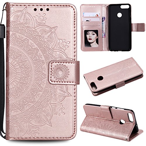 HTDELEC Huawei P Smart Hülle, Ultra Slim Flip Hülle Rosegold Etui mit Kartensteckplatz und Magnetverschluss Leder Wallet Klapphülle Book Case Bumper Tasche für Huawei P Smart/Enjoy 7S (T-Rosegold) von HTDELEC