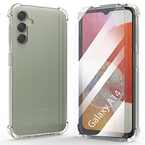 HTDELEC Hülle für Samsung Galaxy A14 4G / 5G mit 2 Stück Schutzfolie Handyhülle,Transparent Stoßfest [Anti-Gelb] Dünn klare weiche TPU Silikon Schutzhülle Tasche Case Cover von HTDELEC
