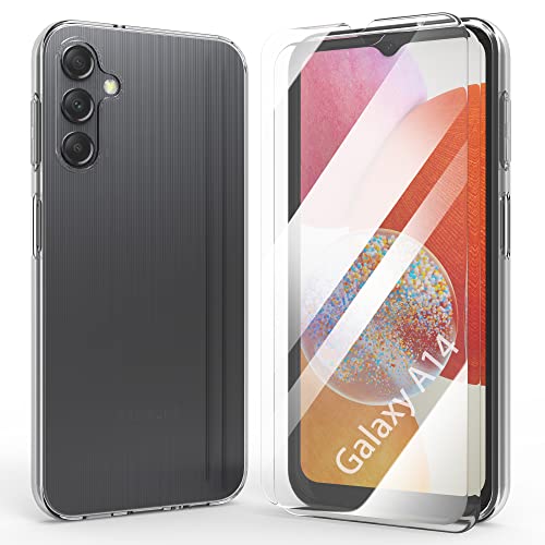 HTDELEC Transparent Hülle für Samsung Galaxy A14 4G / 5G mit 2 Stück Schutzfolie, [Anti-Gelb] Dünn Handyhülle klare weiche TPU Silikon Schutzhülle Tasche Durchsichtige Case Cover von HTDELEC