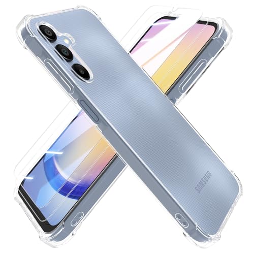 HTDELEC Hülle für Samsung Galaxy A25 5G mit 2 Stück Schutzfolie Handyhülle,Transparent Stoßfest [Anti-Gelb] Dünn klare weiche TPU Silikon Schutzhülle Tasche Case Cover von HTDELEC