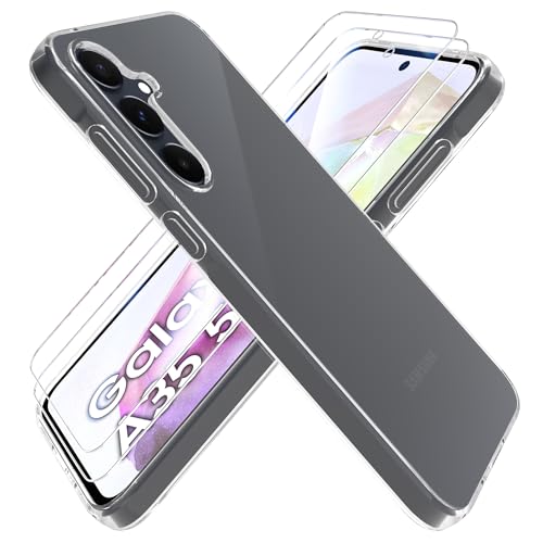 HTDELEC Transparent Hülle für Samsung Galaxy A35 5G mit 2 Stück Schutzfolie, [Anti-Gelb] Dünn Handyhülle klare weiche TPU Silikon Schutzhülle Tasche Durchsichtige Case Cover von HTDELEC