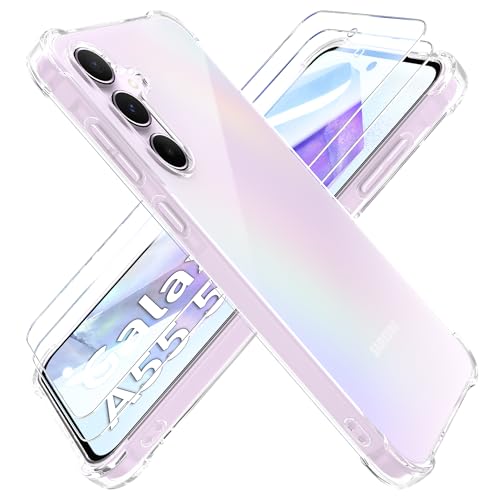 HTDELEC Hülle für Samsung Galaxy A55 5G mit 2 Stück Schutzfolie Handyhülle,Transparent Stoßfest [Anti-Gelb] Dünn klare weiche TPU Silikon Schutzhülle Tasche Case Cover von HTDELEC