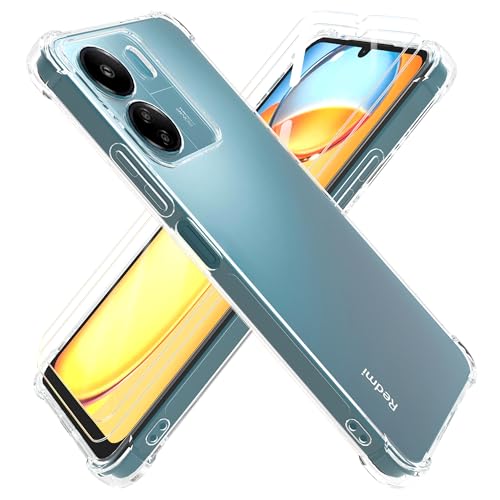 HTDELEC Hülle für Xiaomi Redmi 13C 4G mit 2 Stück Schutzfolie Handyhülle,Transparent Stoßfest [Anti-Gelb] Dünn klare weiche TPU Silikon Schutzhülle Tasche Case Cover von HTDELEC