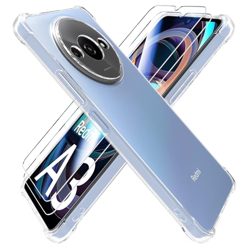 HTDELEC Hülle für Xiaomi Redmi A3 4G mit 2 Stück Schutzfolie Handyhülle,Transparent Stoßfest [Anti-Gelb] Dünn klare weiche TPU Silikon Schutzhülle Tasche Case Cover von HTDELEC