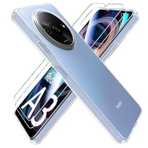 HTDELEC Transparent Hülle für Xiaomi Redmi A3 4G mit 2 Stück Schutzfolie, [Anti-Gelb] Dünn Handyhülle klare weiche TPU Silikon Schutzhülle Tasche Durchsichtige Case Cover von HTDELEC