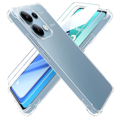 HTDELEC Hülle für Xiaomi Redmi Note 13 4G mit 2 Stück Schutzfolie Handyhülle,Transparent Stoßfest [Anti-Gelb] Dünn klare weiche TPU Silikon Schutzhülle Tasche Case Cover von HTDELEC