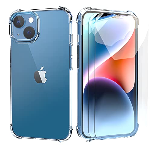 HTDELEC Hülle für iPhone 14 6.1 Zoll + [2 Stück] Schutzfolie,Transparent Weiche Durchsichtig Dünn Handyhülle mit TPU Stoßdämpfung Bumper Case Cover - Stoßfest von HTDELEC