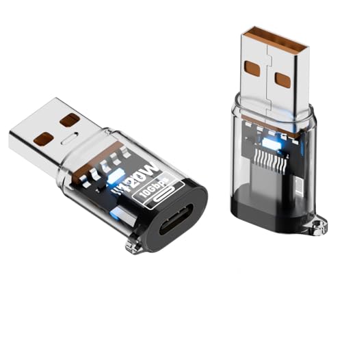 USB 3.2 auf USB C Adapter 10Gbps, USB Mann auf Typ C Buchse OTG PD 120W Schnellladung mit intelligenter LED Anzeige für iPhone, MacBook, Laptop, Ladegerät (2pcs) (Transparent) von HTGuoji