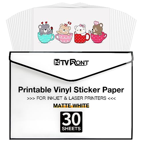 HTVRONT Bedruckbares Vinyl - 30 Blatt Sticker Papier zum Bedrucken, Matte Etiketten Selbstklebend Bedruckbar Sticker Papier für Tintenstrahldrucker und Laserdrucker von HTVRONT