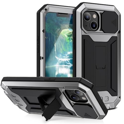 HTXONB 360-Grad-Schutzhülle mit Anti-Fall-Metallhalterung für iPhone 16 15 14 13 Pro Max 14 15 16 Plus Schutzhülle mit Push-Pull-Objektiv, Silber, für iPhone 14 Plus von HTXONB