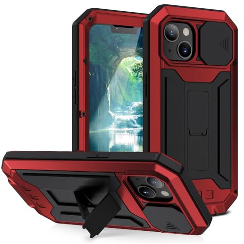 HTXONB 360-Grad-Schutzhülle mit Fallschutz aus Metall für iPhone 16 15 14 13 Pro Max 14 15 16 Plus Schutzhülle mit Push-Pull-Objektiv, rot, für iPhone 13 Mini von HTXONB