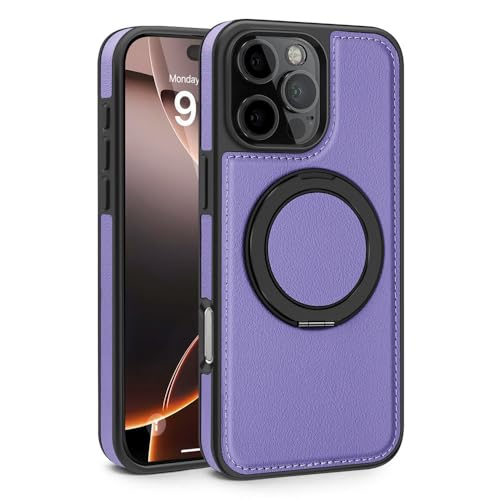 HTXONB 360 Leder Magnetische Drehhalterung Handyhülle Für iPhone 16 15 14 13 12 11 Pro Max 16 15 14 Plus Kabelloses Laden Anti-Fall-Schutzhülle, Lila, Für iPhone 15 von HTXONB