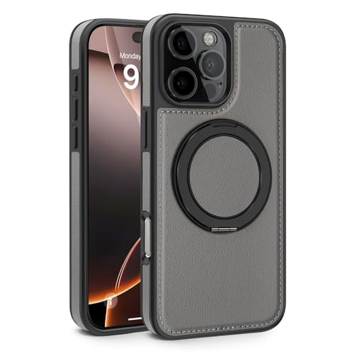 HTXONB 360 Leder Magnetische Drehhalterung Handyhülle für iPhone 16 Pro Max 16 Plus Kabelloses Laden Anti-Fall-Schutzhülle, grau, für iPhone 16 Pro von HTXONB