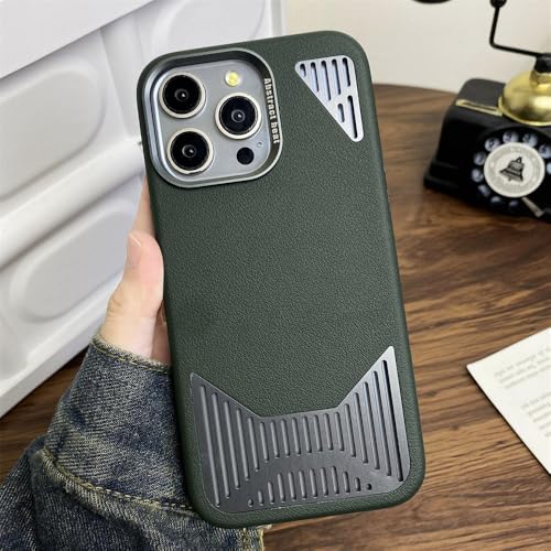 HTXONB Leder-Aluminiumlegierung Magnetisches Wärmeableitungsfenster Handyhülle für iPhone 16 15 14 13 12 11 Pro Max 16 15 14 Plus Kabelloses Laden Anti-Fall-Schutzhülle, Olivgrün, Für iPhone 13 von HTXONB