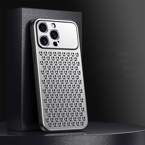 HTXONB Metallhohle, atmungsaktive Wärmeableitungs-Handyhülle, geeignet für iPhone 16 15 14 13 Pro Max 16 15 14 Plus, Anti-Drop-Schutzhülle, Titansilber, für iPhone 15 Pro Max von HTXONB