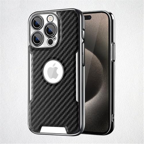HTXONB PC-Kohlefaser-Muster Handyhülle für iPhone 16 15 14 13 Pro Max Kabelloses Laden Anti-Fall-Schutzhülle, Schwarz, für iPhone 13 von HTXONB