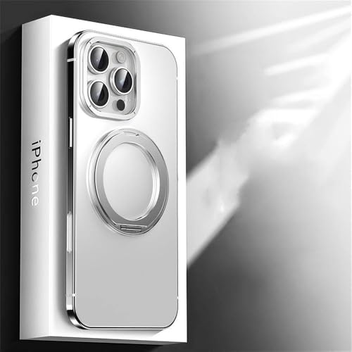 HTXONB Ultradünne Handyhülle aus Titanstahl mit 360° drehbarer magnetischer Halterung, passend für iPhone 16 Pro Max 16 Pro, kabellose Lade- und Fallschutzhülle, Silber, für iPhone 16 Pro Max von HTXONB