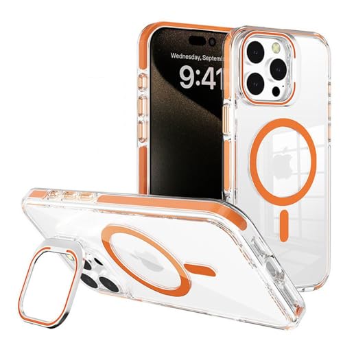 HTXONB Unsichtbare Halterung Transparente magnetische Handyhülle für iPhone 16 15 14 13 12 11 Pro Max 14 15 16 Plus Kabelloses Laden Anti-Drop-Schutzhülle, orange, für iPhone 15 Pro Max von HTXONB