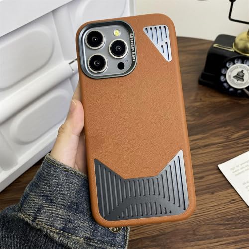 Leder-Aluminiumlegierung Magnetisches Wärmeableitungsfenster Handyhülle für iPhone 16 15 14 13 12 11 Pro Max 16 15 14 Plus Kabelloses Laden Anti-Fall-Schutzhülle, Kaffeebraun, für iPhone 15 Pro von HTXONB