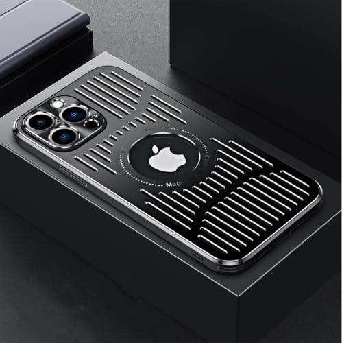 HTYTFC Metall-Wärmeableitungs-Magnethülle für iPhone 16 Pro Max 13 12 14 15 Pro Plus Hole Wireless Charge Cover, Schwarz, Für iPhone 15 ProMax von HTYTFC