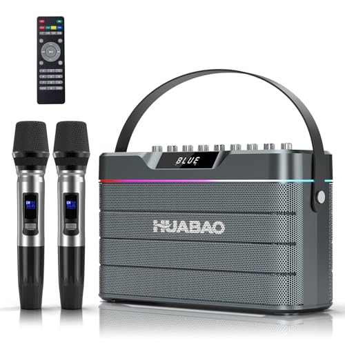 HUABAO Karaoke Maschine - 100W Bluetooth Lautsprecher mit Super Bass, 2 Wireless Mikrofone, Tragbare PA-Anlage mit LED-Lichtern, TWS Pairing, Bass/Treble/Echo Anpassung, Professioneller Lautsprecher von HUABAO