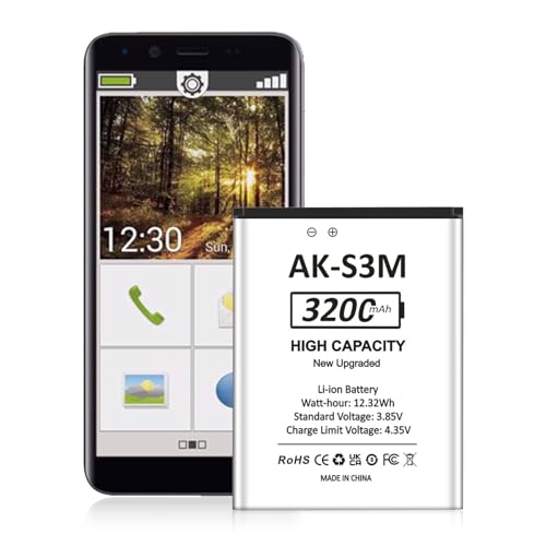 AK-S3m (V1.0) ersatz akku, 3200mA (2024 Neues Upgrade) Ersatzakku mit Hohe Kapazität für SMART 3 Mini,Emporia SMART 4 Smartphone,Emporia Supereasy SE,Emporia Supereasy von HUAENG