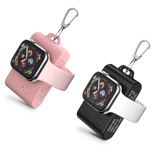 HUAENG (2er Pack) Schlüsselanhänger Tragbar kabelloses Magnetisches iWatch Ladegerät, 2000mAh Mini Power Bank Ladegerät Power Pod für Apple Watch Serie 1/2/3/4/5/6/7/8/9/SE/UItra/UItra2-Schwarz&Rosa von HUAENG