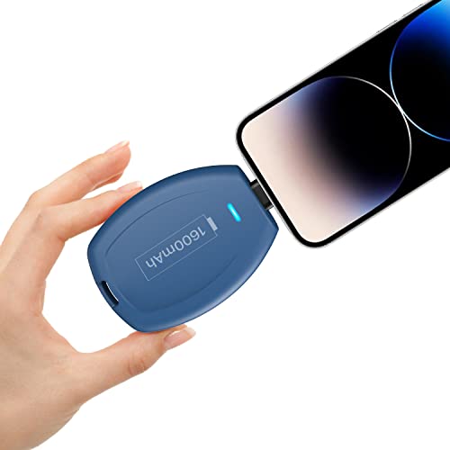 HUAENG Mini-Schlüsselanhänger-Ladegerät Power Bank mit integriertem iOS-Anschluss, Notfall 1600mAh Power Pod Externer Akku Kompatibel mit iPhone 12 11 X XS MAX 78 Airpods-Blau von HUAENG