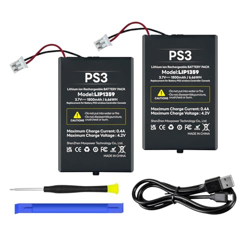 PS3 Controller Akku (2er Pack), 1800mAh LIP1359 Ersatzakku für Sony Playstation 3 PS3 Dualshock 3 CECHZC2E CECHZC2U Controller mit USB Kabel+Werkzeug von HUAENG
