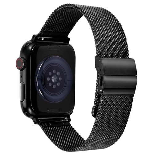 HUAFIY Kompatibel mit Apple Watch Armband 49mm 45mm 44mm 42mm, Metall Ersatzband für Series 9 Ultra/Ultra2 Series 8 7 SE 6 5 4 3 2 1 Edelstahl iWatch Bands (38mm/40mm/41mm, Schwarz) von HUAFIY