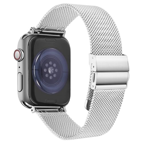 HUAFIY Kompatibel mit Apple Watch Armband 49mm 45mm 44mm 42mm, Metall Ersatzband für Series 9 Ultra/Ultra2 Series 8 7 SE 6 5 4 3 2 1 Edelstahl iWatch Bands (38mm/40mm/41mm, Silber) von HUAFIY