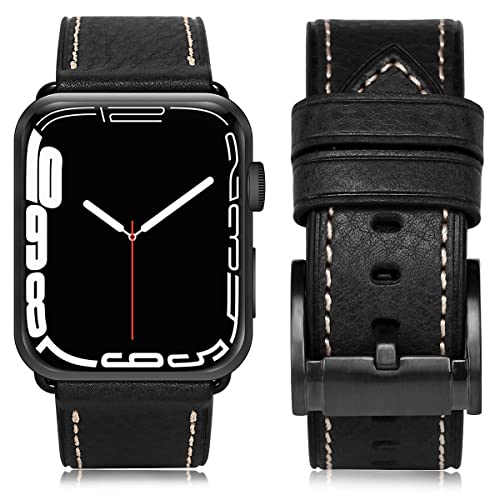 HUAFIY Leder Armband Kompatibel mit Apple Watch Armband 38mm 40mm 41mm, Herren Damen Ersatz Original Lederband für iWatch Serie 8/7/ 6 /5 /4 /3 /2 /1,SE (38mm40mm41mm, Schwarz/schwarze Schnalle) von HUAFIY