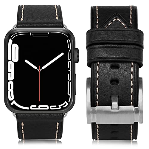 HUAFIY Leder Armband Kompatibel mit Apple Watch Armband 38mm 40mm 41mm, Herren Damen Ersatz Original Lederband für iWatch Serie 8/7 6 5 4 3 2 1 (38mm40mm41mm, Schwarz/silberne Schnalle) von HUAFIY