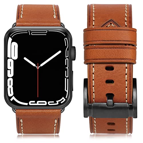 HUAFIY Leder Armband Kompatibel mit Apple Watch Armband 45mm 44mm 42mm, Herren Damen Ersatz Original Lederband für iWatch Serie 8/7 6 5 4 3 2 1 (42mm44mm45mm49mm, Braun/schwarze Schnalle) von HUAFIY