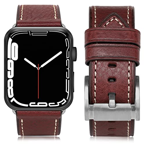 HUAFIY Leder Armband Kompatibel mit Apple Watch Armband 45mm 44mm 42mm , Herren Damen Ersatz Original Lederband für iWatch Serie 8/7 6 5 4 3 2 1 (42mm44mm45mm49mm, Rotwein/silberne Schnalle) von HUAFIY