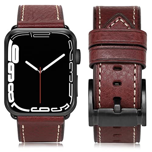 HUAFIY Leder Armband Kompatibel mit Apple Watch Armband 49mm 45mm 44mm 42mm, Herren Damen Ersatz Original Lederband für iWatch Serie 8/7 6 5 4 3 2 1 (42mm44mm45mm49mm, Rotwein/schwarze Schnalle) von HUAFIY