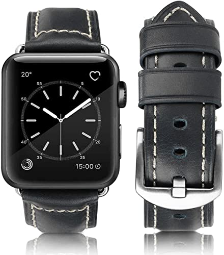 HUAFIY Leder Armband für Apple Watch Armband 38mm 40mm 41mm, Herren Damen Ersatz Original Lederband für iWatch Serie 7 6 5 4 3 2 1 (Blau/silberne Schnalle, 38mm40mm41mm) von HUAFIY