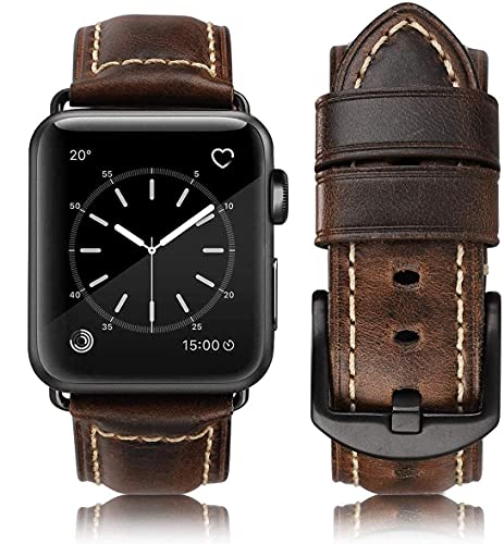 HUAFIY Leder Armband für Apple Watch Armband 38mm 40mm 41mm, Herren Damen Ersatz Original Lederband für iWatch Serie 7 6 5 4 3 2 1 (Kaffee/schwarze Schnalle, 38mm40mm41mm) von HUAFIY