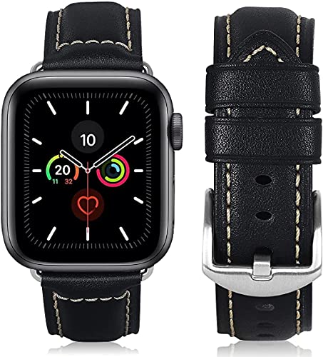 HUAFIY Leder Armband für Apple Watch Armband 38mm 40mm 41mm, Herren Damen Ersatz Original Lederband für iWatch Serie 7 6 5 4 3 2 1 (Schwarz/silberne Schnalle, 38mm40mm41mm) von HUAFIY