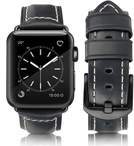 HUAFIY Leder Armband für Apple Watch Armband 49mm45mm 44mm 42mm, Herren Damen Ersatz Original Lederband für iWatch Serie 8/7 6 5 4 3 2 1 (Blau/schwarze Schnalle, 42mm44mm45mm49mm) von HUAFIY