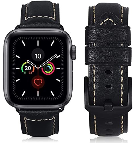 HUAFIY Leder Armband für Apple Watch Armband 49mm45mm 44mm 42mm, Herren Damen Ersatz Original Lederband für iWatch Serie 8/7 6 5 4 3 2 1 (Schwarz/schwarze Schnalle, 42mm44mm45mm49mm) von HUAFIY