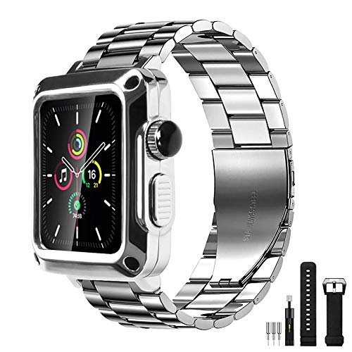 HUALIMEI Metall Hülle mit Armband für Apple Watch 40mm Series 6 SE 5 4, Schutz Schutzhülle Rugged Armor Case mit Edelstahl Band Panzerglas Displayschutz für iWatch Serie 40 mm, Silber von HUALIMEI