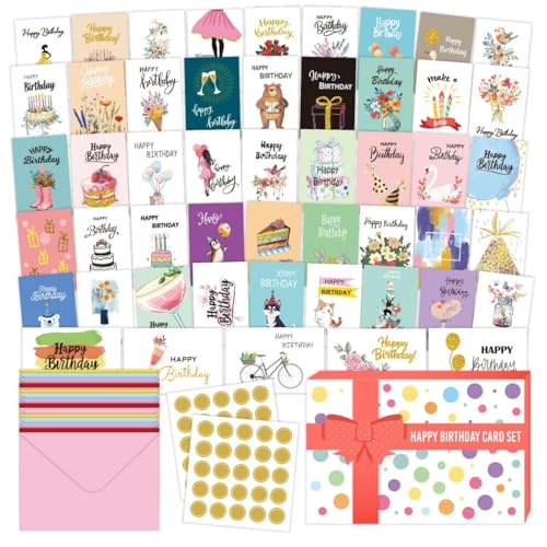 102 Stück sortierte Kinder-Geburtstagskarten mit Umschlägen, Goldfolien-Aufklebern und Geschenk-Box, verdickter Karton, Kindergeburtstagskarte, Multipack, für Jungen, Mädchen, Erwachsene von HUAMIAN
