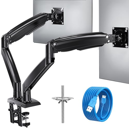 HUANUO Monitor Halterung 2 Monitore für 13-40 Zoll Bildschirme, Dual Monitor Arm Gasdruckfeder, Monitorständer VESA 75 & 100 mm, C-Klemme und Tüllenbefestigung, Erhöhte Tragfähigkeit von 2-12 kg von HUANUO