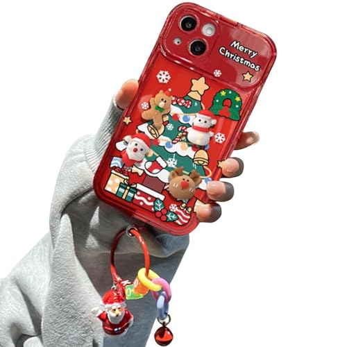 Weihnachtsanhänger Flip Mirror Case Cover geeignet für iPhone 15 14 13 12 Serie, weiche Silikonhülle, Weihnachts-Handyhülle mit Anhänger (Rot,14Pro) von HUANZHI