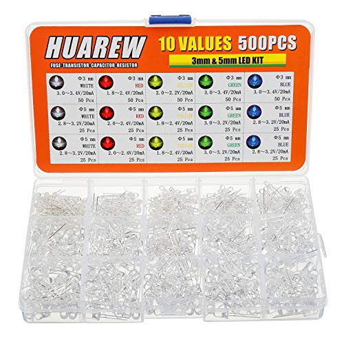 HUAREW 10 Werte 500 Stück LED Leuchtdiode 3 mm 5 mm mit weißem, rotem, gelbem, grünem, blauem 5 Farben Klassifizierungs kit von HUAREW